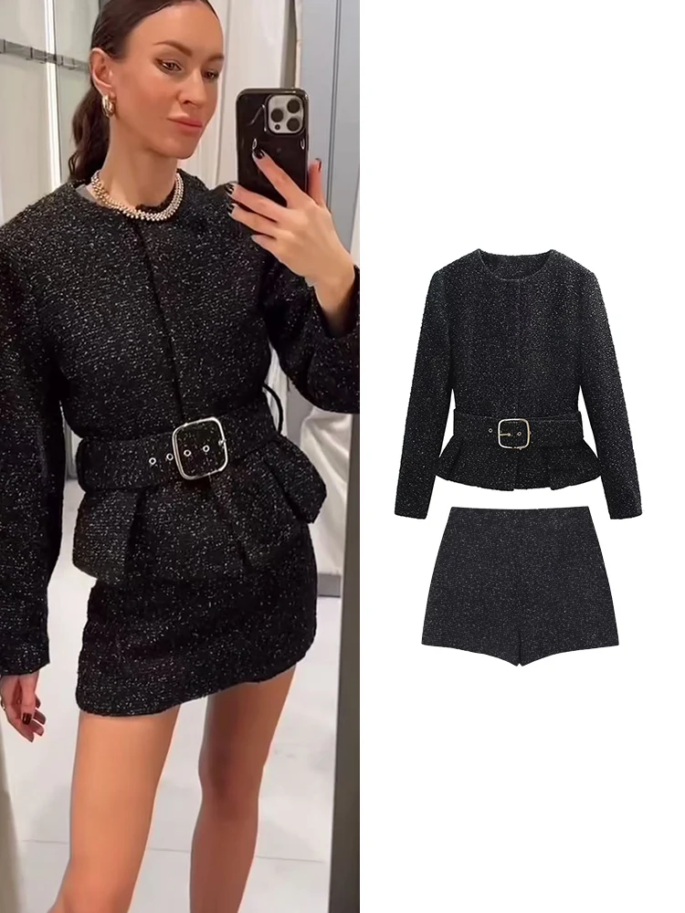 Tfmln conjunto de shorts femininos de inverno, textura elegante, cinto, decoração, gola redonda, jaqueta, cintura alta, saias, conjunto de moda