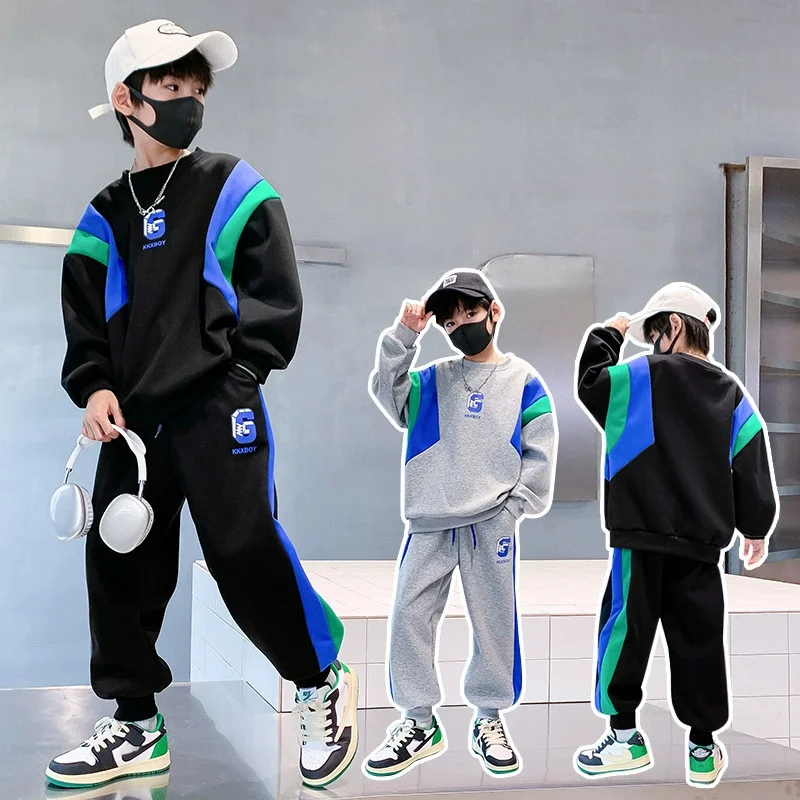 Boys Color Blocking Suit Letter Towel Embroidery Sweatshirt & Pants 2-Piece Spring Autumn 4-14 Years Kids Loose Sports Outfit