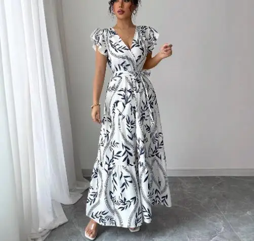

Leaf print ruffled V-neck sexy slim fit long dress for summer women, elegant and fashionable lace up waist cinching dress