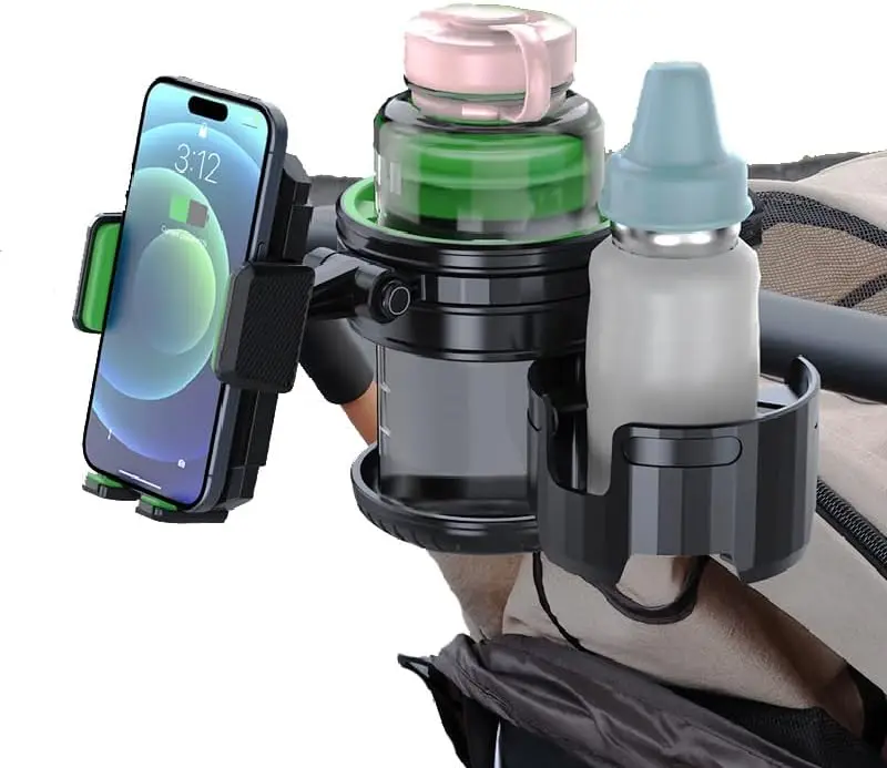 

3 In 1 Universal Baby Stroller Cup Holder with Phone Stand 2 Drink Holder Cup for Pram, Bike, Motorcycle, Wheelchair