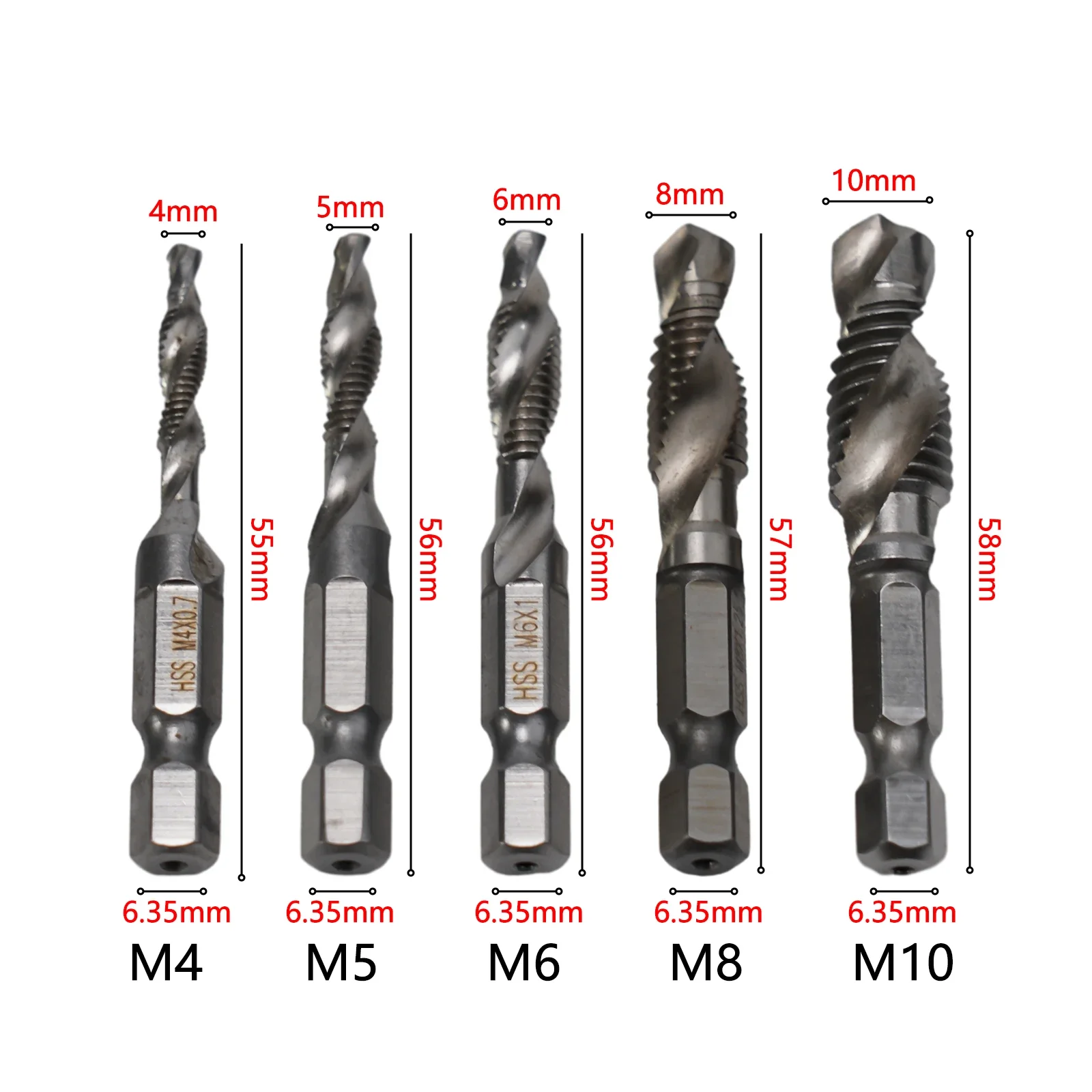 Metric Tap Tap Drill Bit Hex Shank Hexagonal Shank Compound Tap M4-M10 Machine Screw Silver Spiral Threaded Bit
