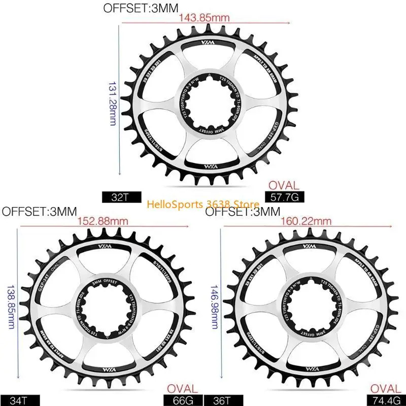 A52F VXM Bike Chainring MTB الدراجة الإزاحة 3MM Substrock GXP OVAL 32T 34T 36T