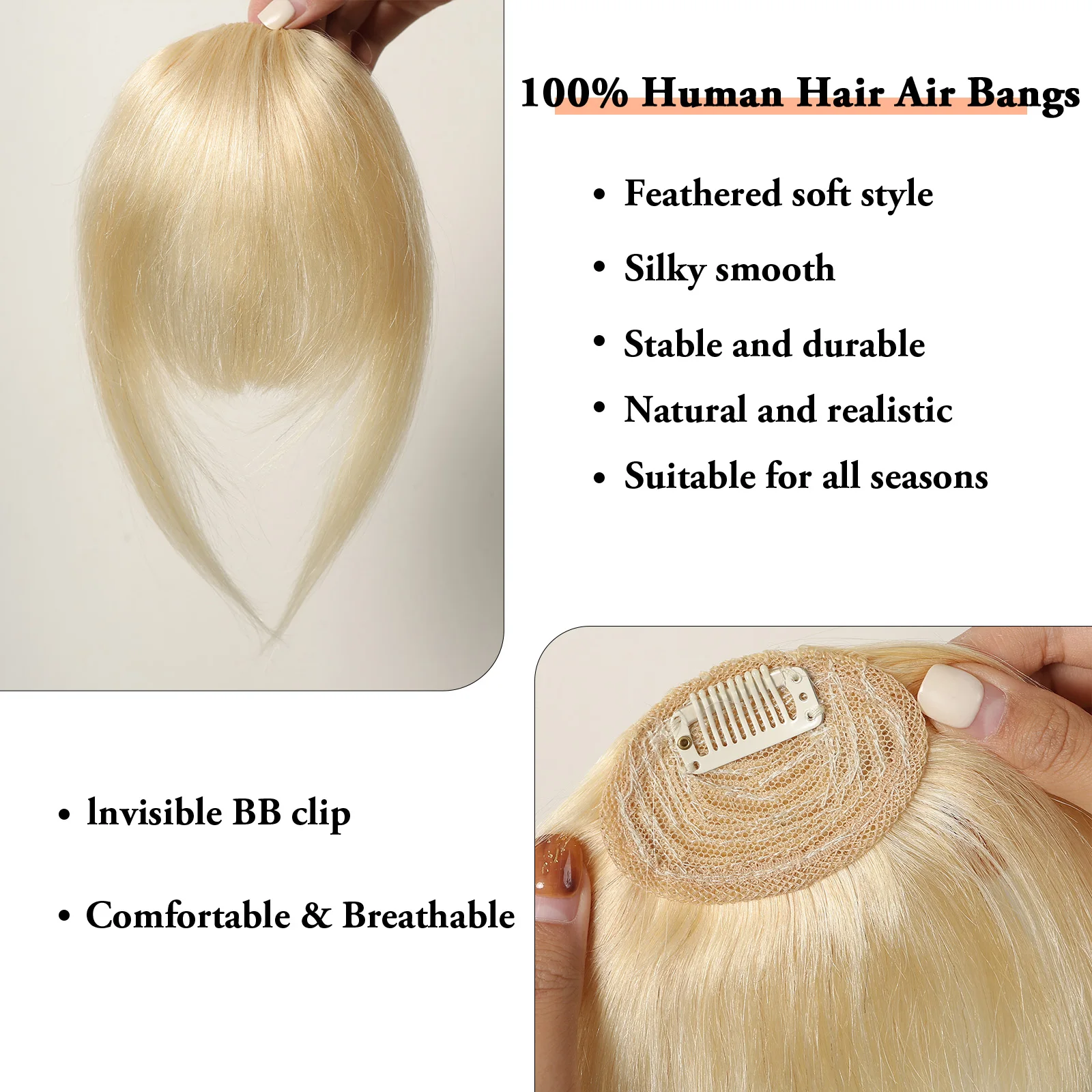 100% Real Human Wipsy Bangs 613 Blonde Fringe Clip in Hair Extensions Fake Air Bangs Clip on Curved Hairpieces for Women Daily