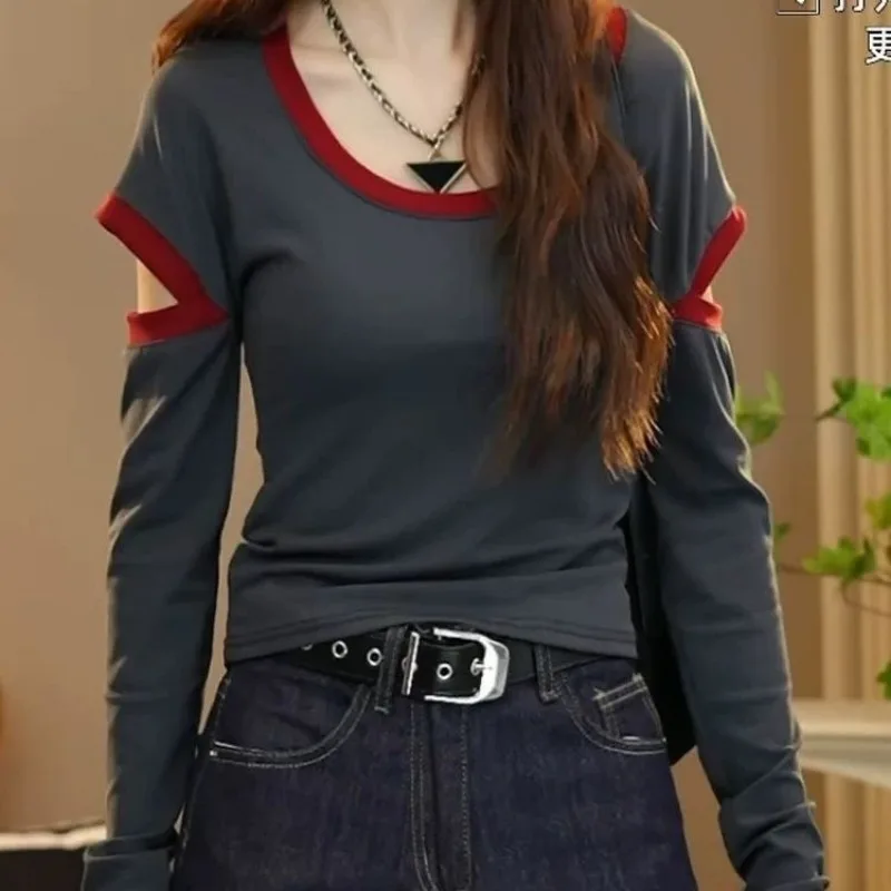 Office Lady Spring Autumn Round Neck Hollow Out Contrast Color Women's Clothing Long Sleeve Pullover T-shirt Casual Sweet Tops