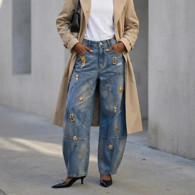 

Vintage Denim Metal Decoration Women's Pants 2026 American Hip-hop Loose Wide Leg Jeans Distress Washed Y2k Chic High Streetwear