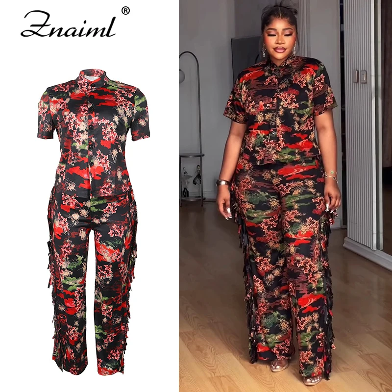 Znaiml décontracté imprimé été femmes col rabattu boutonné petit haut et gland pantalon deux pièces correspondant ensembles tenues de bureau