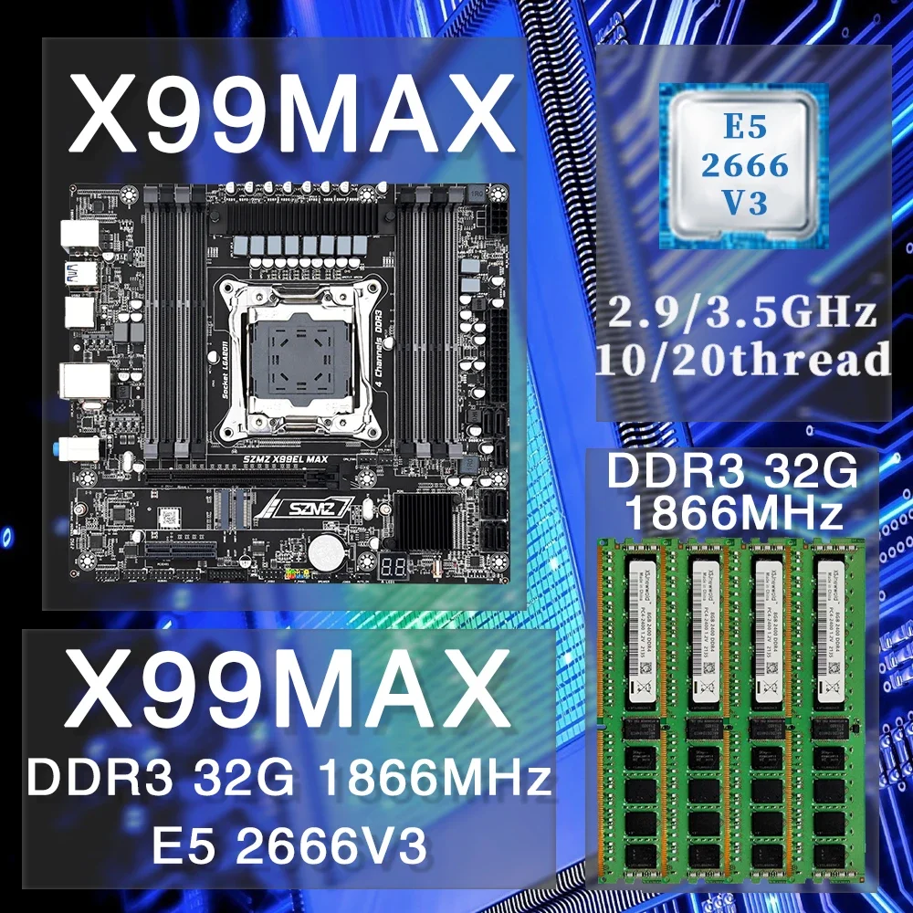 E5 2666V3 x99 xeon Комплект материнской платы оперативная память 32GB ddr3 Ssd m2, радиатор, поддержка rx 580 8g, видеокарта 550, материнская плата