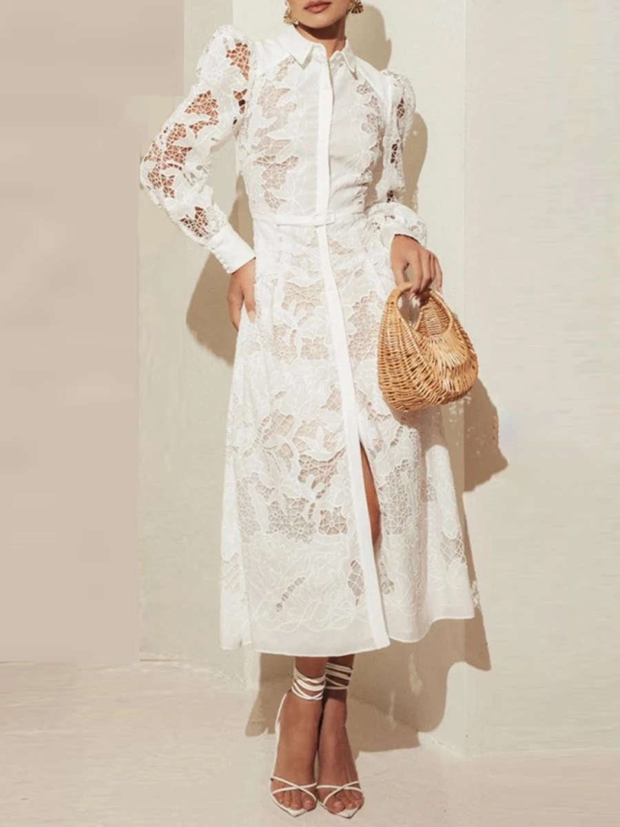 

French Elegant White Embroidery Maxi Dress Women Spring Hollow Out Lantern Sleeve Shirt Dress Slim Fit Long Vestidos 2026 New