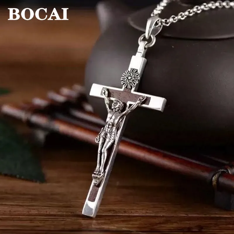 BOCAI 100% S925 Silver Jewelry Accessories Retro Sandalwood Cross Jesus Pendant for Men Personalized and Trendy Birthday Gift