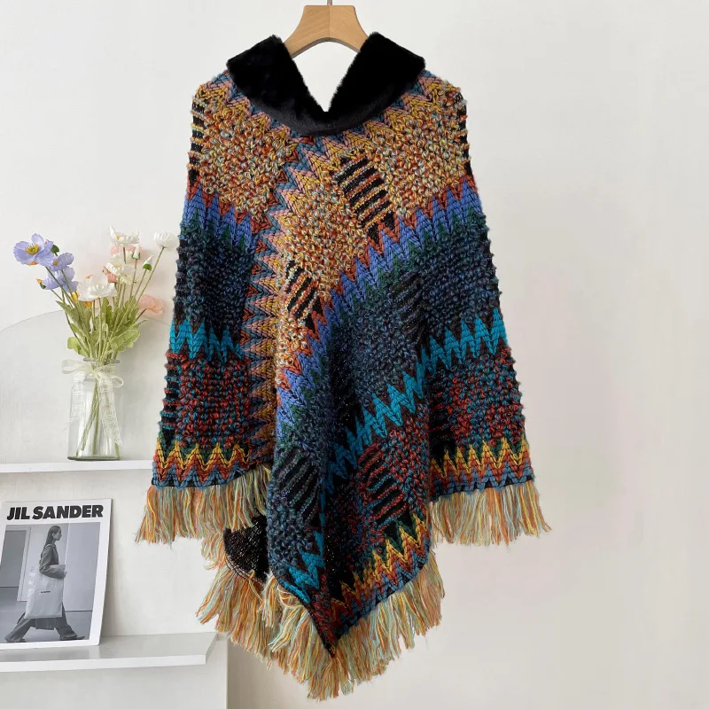 

Autumn Winter Capes National Knitted Cloak Women New Pullover Cloak Tassel Warm Shawl Imitation Wool Collar Ponchos Cape