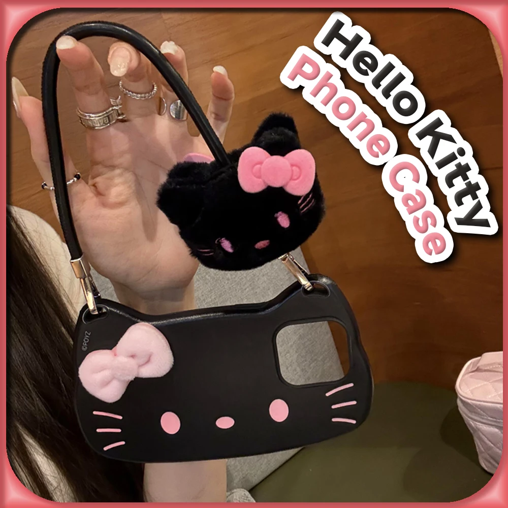 Kawaii Hello Kitty Shockproof Case for iPhone 16 15 14 13 Pro Max Sanrio Anime Cute Plush Doll Protective Cover with Lanyard