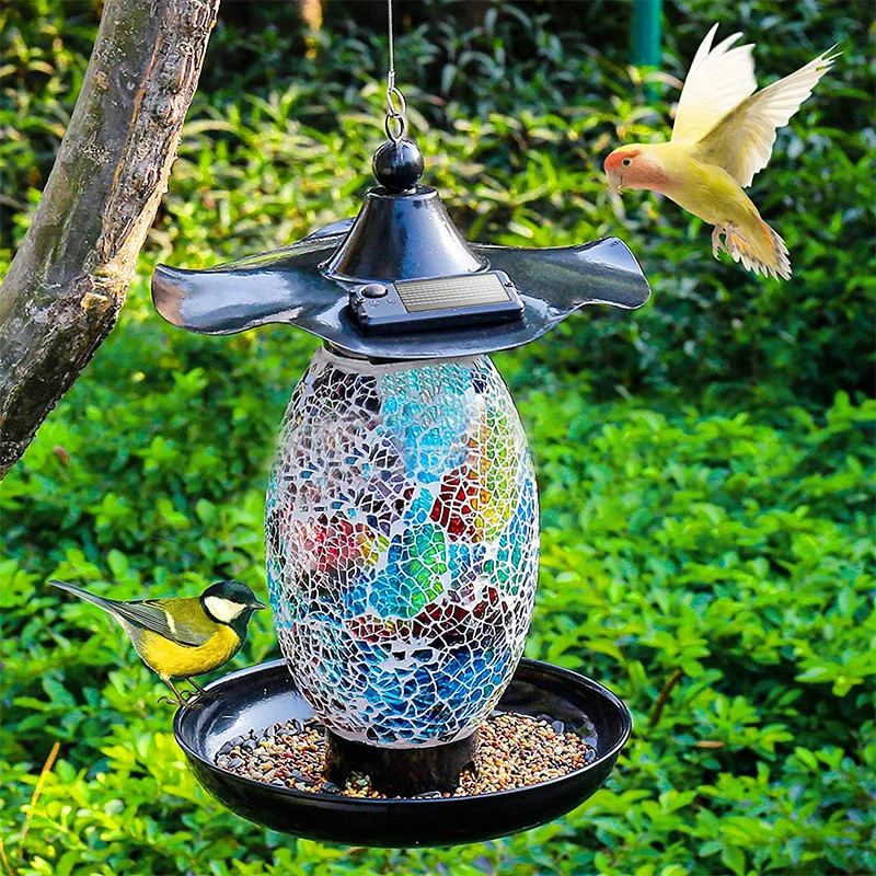 

Solar Birds Feeder Outdoor Hanging Birds Feed Tool with Colorful Glass Mosaic Decor Waterproof Garden Lantern