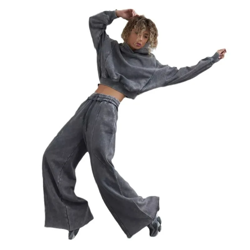 

Cross-border Washing Heavy Industry Two-piece Set 2025 New Hip-hop Hooded Hoodie and High Waist Tie Mopping Sweatpants Suit