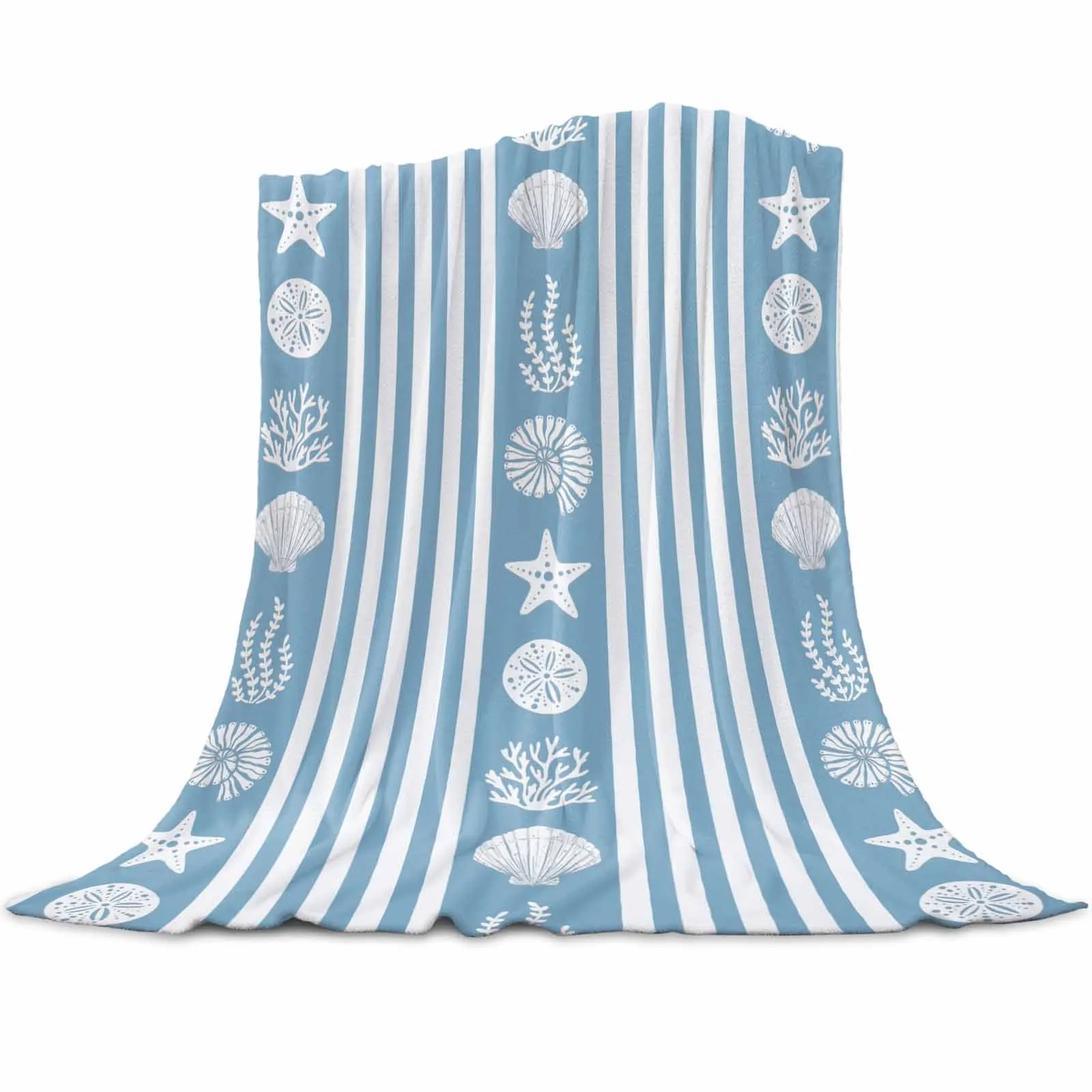 

Ocean Striped Starfish Coral Blue Blankets Portable Soft Throw Blanket for Bed Office Bedspread Home Decor Flannel Blanket