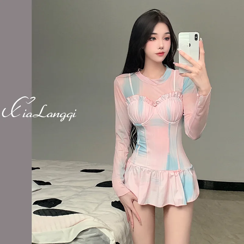 Korea Aesthetics Sweet Cute Coloured Swimsuit Ins Style Fashion Stulle Smock Conservative Onsen Swimwear Three Piece Suits