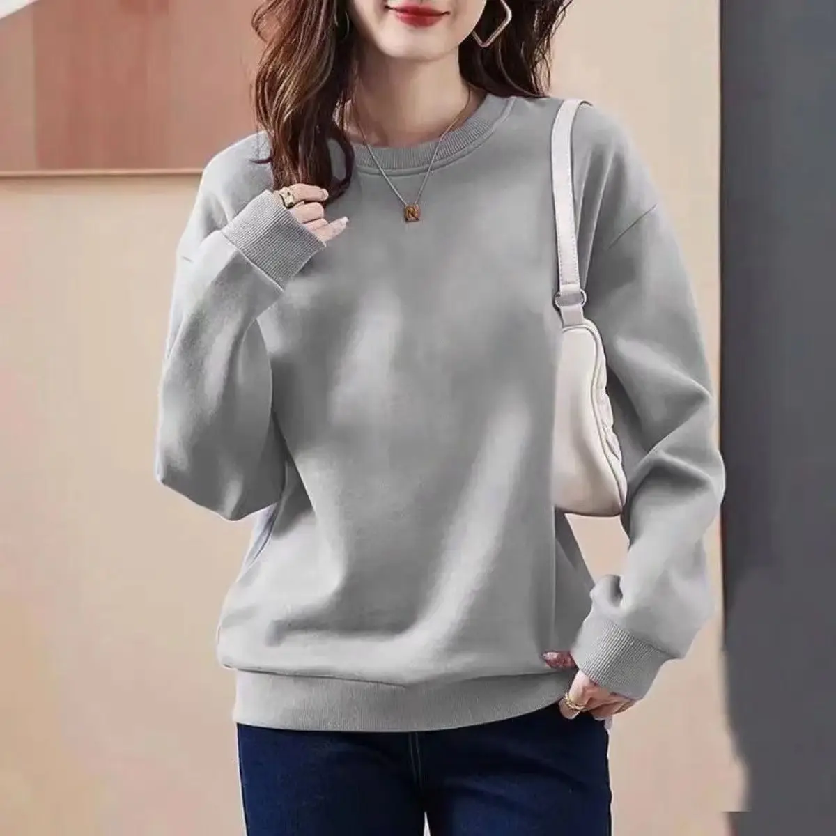 Early Autumn Pure Cotton Round Neck Long Sleeved Sweatshirt Women Loose Casual Simple All-match Hoodies Solid Tops