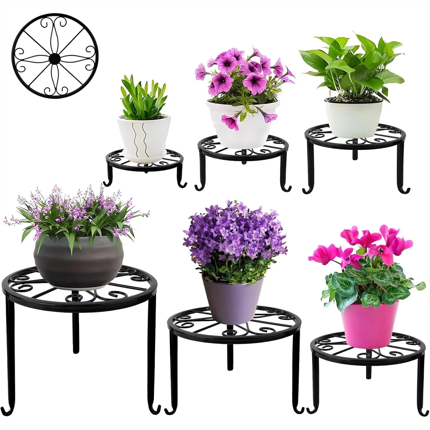 

Metal Plant Stands 6-Pack, Heavy Duty Rust-Resistant Round Shelf for Indoor Outdoor Planter Decor