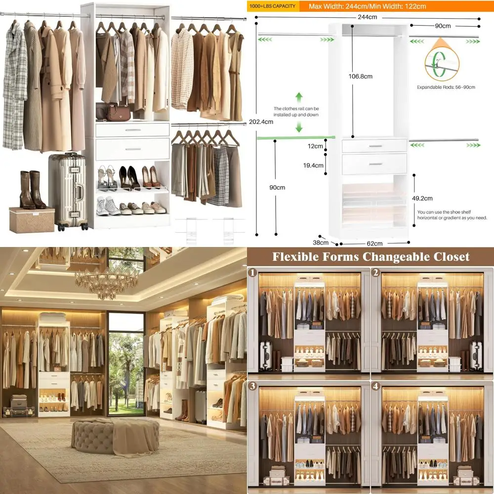 نظام تنظيم الخزانة الخشبية بطول 8 أقدام مع أدراج ورف أحذية قابل للتعديل و3 قضبان تعليق لـ 96 خزانة مشي #1