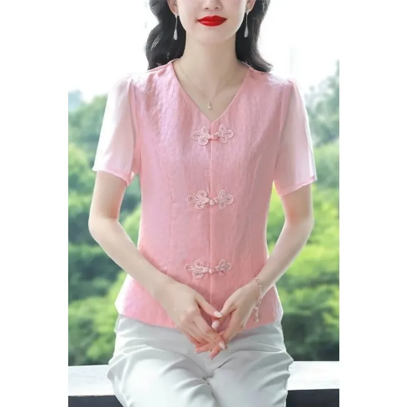 Womens New Chinese Style Frog Button Jacquard V Neck Short Sleeve Summer Blouse