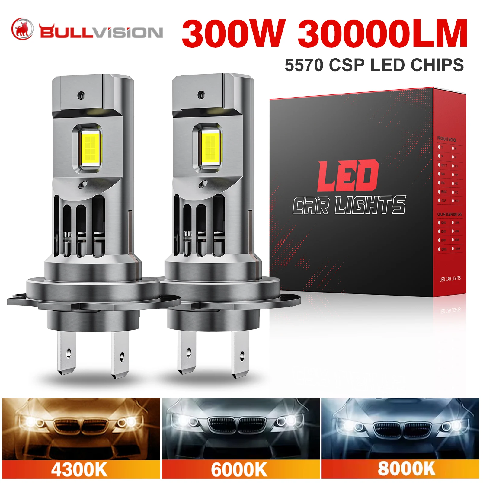 300W Turbo H7 H11 LED Headlight Bulbs CANBUS Lights 30000LM H4 9012 9005 HB3 9006 Mini Lamp 5570 CSP Wireless Car LED with Fan