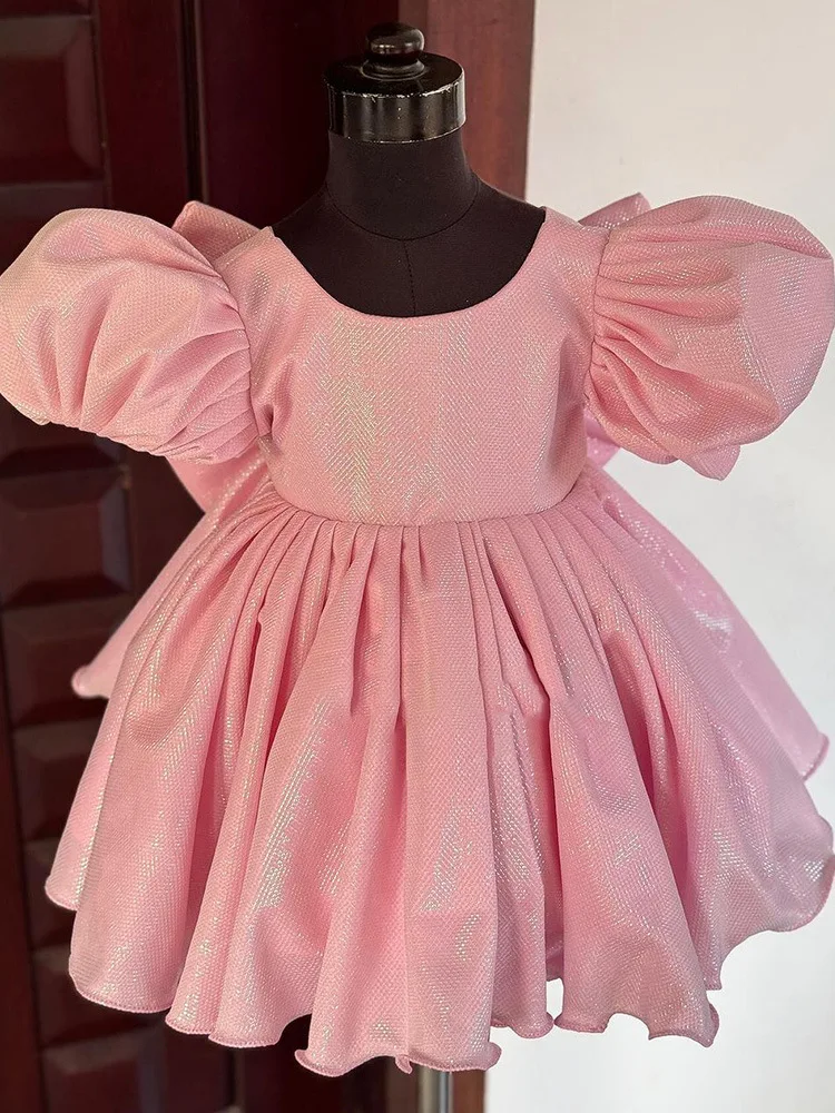 

Girls' First Birthday Dress Pink Puff Sleeve Princess Dress Flower Girl Wedding Sequin Puff Dress Simple Performance Costume