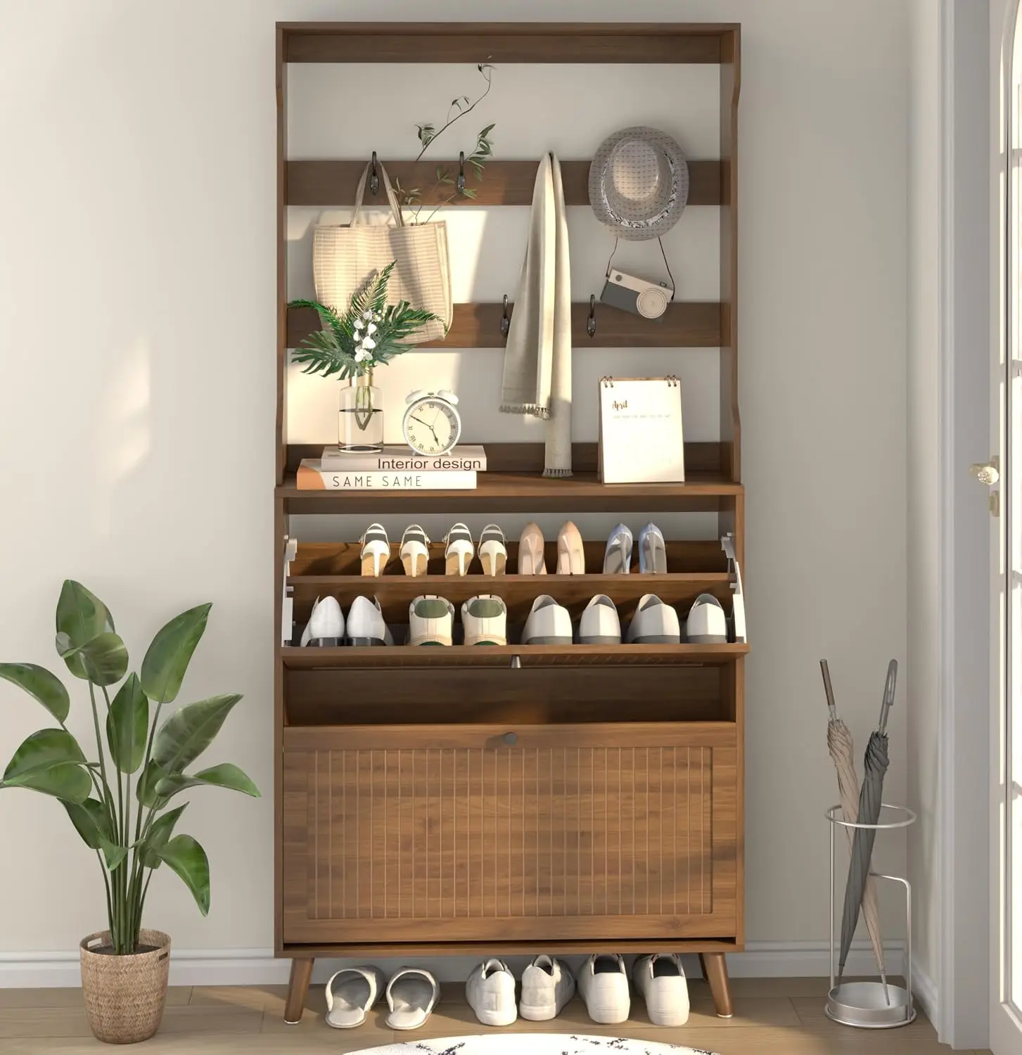 67.3'' Tall Shoe Cabinet with Coat Rack, Narrow Shoe Storage Cabinet with 2 Flip Drawers, 2-in-1 Hall Tree Slim Freestanding