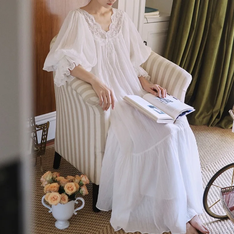 100% Cotton Night Dress Women Fairy Sleepwear Court Style Long Dressing Gown Robe Romantic White Lace Nightdress Loose Nightwear