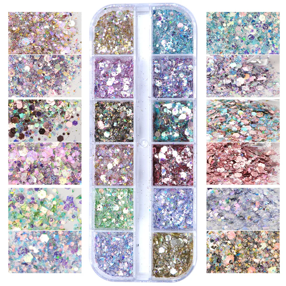 12 Grids Aurora Iridescent Mixed Hexagon Nail Glitter Sequins Holo Flakes Nail Art Powder Gel Polish Manicure Accessories