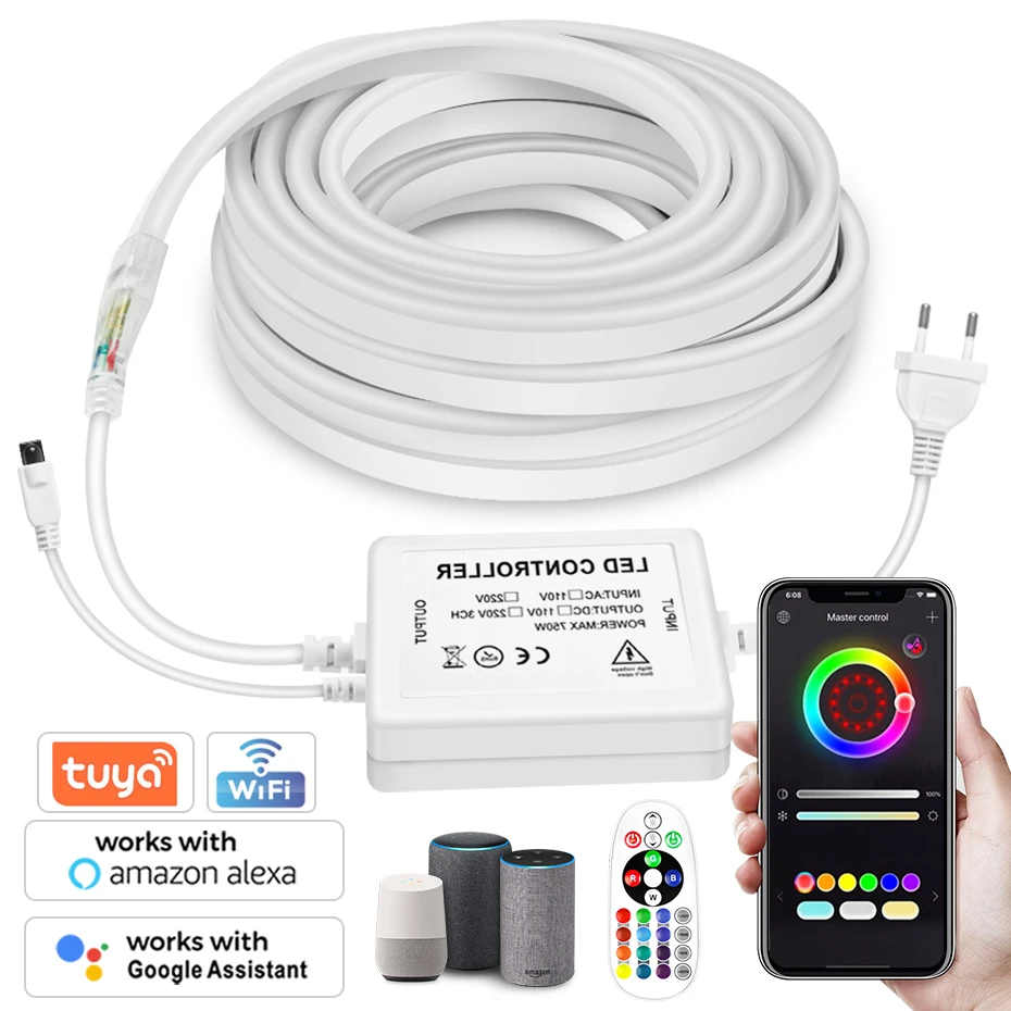 

1m to 100m Waterproof 220V RGB Neon Light Strip EU AU UK Remote/Bluetooth/Tuya WiFi Control RGB Led Neon Rope Home Garden Decor