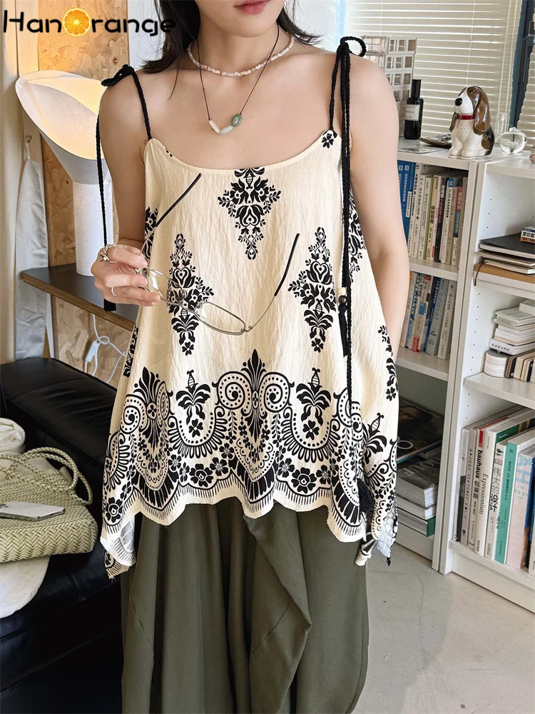 HanOrange 2026 Summer Bohemian Two Sided Printed Lace Up Strap Camis Women with Vacation Feel Sleeveless Top Yellow