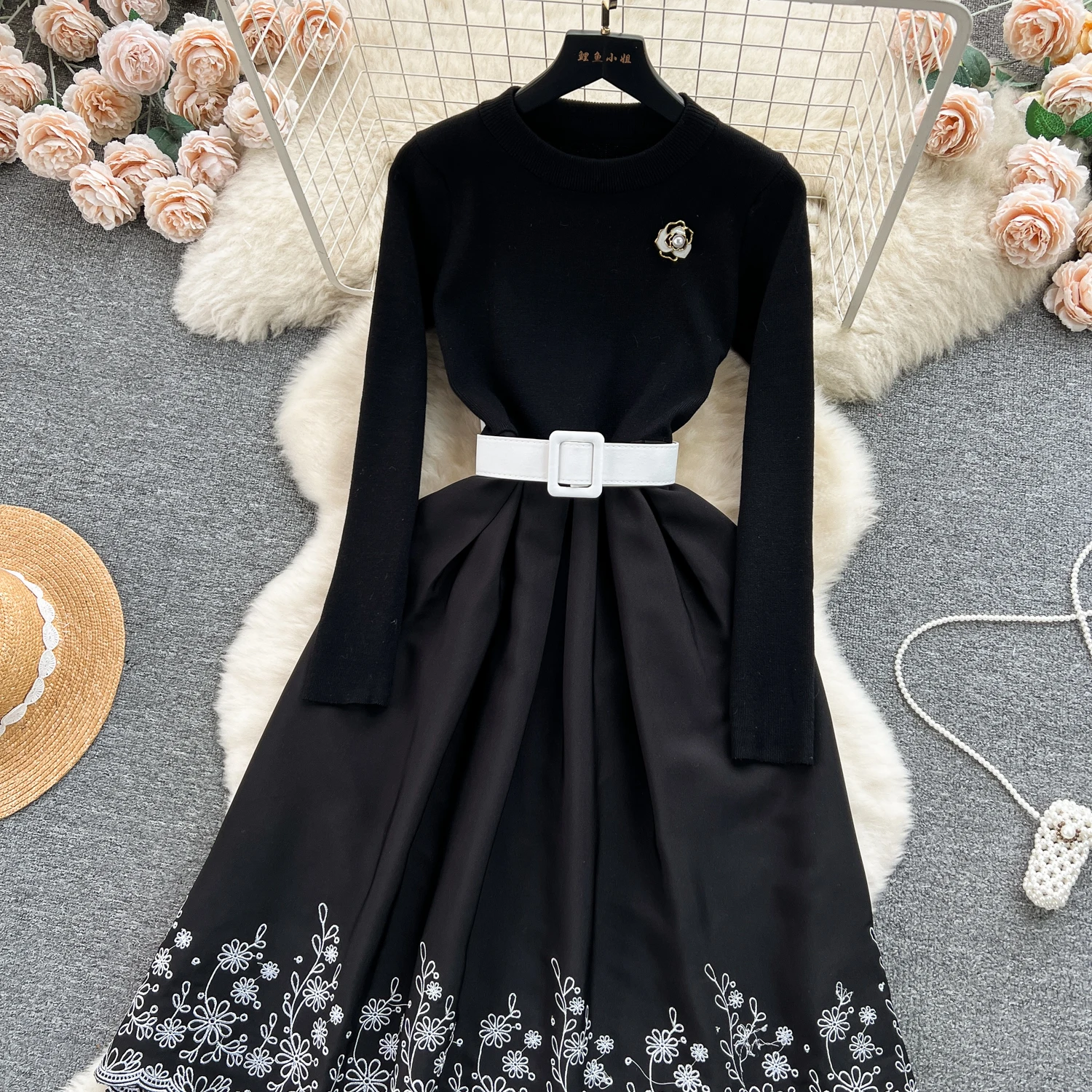 Elegant Fake Two-piece O-neck Basics Knit Spliced Embroidered Floral Slim Sashes Chic Autumn Women High Street Evening Dresses