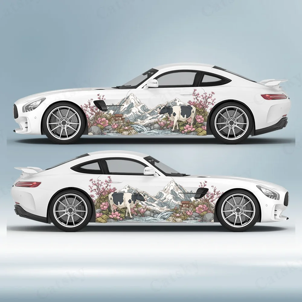 Village River Peak Flower Cluster Cow Car Vinyl Wraps Decal Anti Scratch Sticker Suitable for Trucks SUV Decor Auto Accessories
