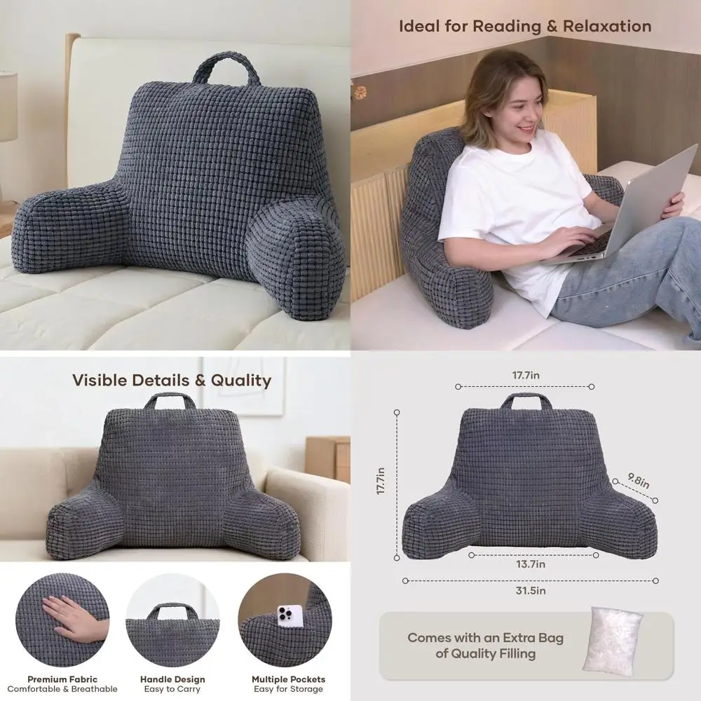 

Эргономичная подушка для чтения с верхней ручкой из мягкой ткани, моющийся чехол для кровати, идеально подходит для просмотра телевизора, игр и отдыха (серый)