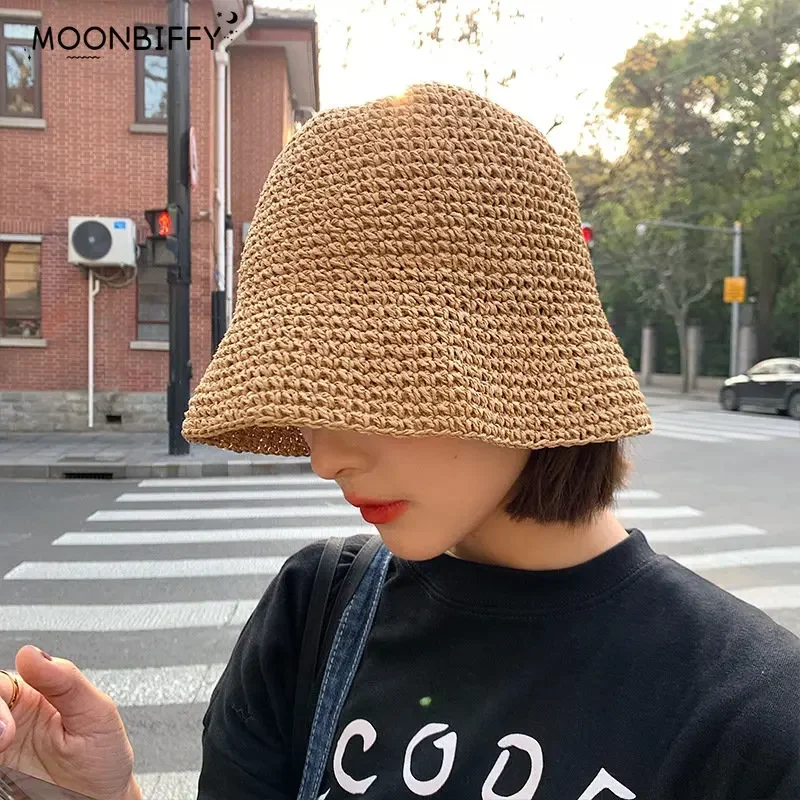 Beach Korean Straw Hat Summer Women Visor Bucket Hat Fisherman Hat Hand Weaving Panama Girl Fishing Chapeau Sun Hats for Women