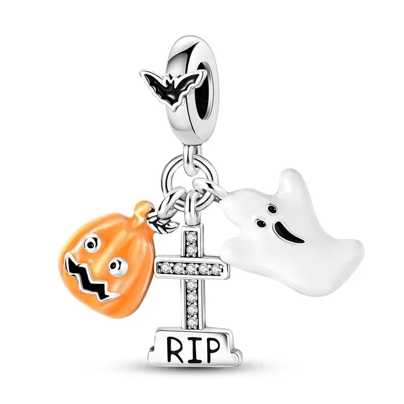 Original 925 Sterling Silver Halloween Skull Ghost Pumpkin Witch Black Cat Beads Charms for Pandora Bracelet DIY Jewellery Gift