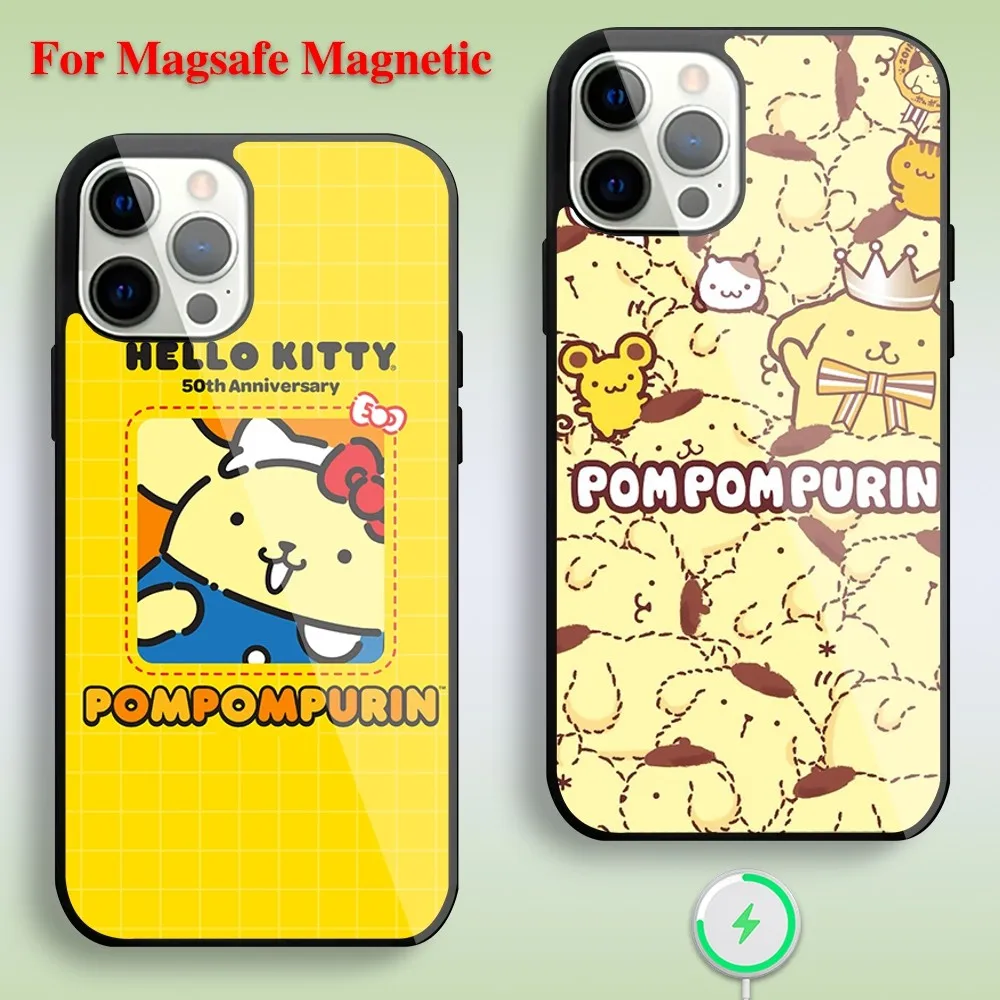 

MINISO Sanrio Cute P-POMPOMPURIN Phone Case For iPhone 11 12 13 14 15 Max Plus Pro Magnetic Glass Magsafe Charging Shell