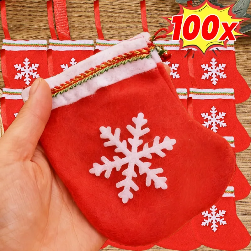 

Red Christmas Stockings Candy Gift Mini Snowflake Felt Stock Pouch Bags Happy New Year Xmas Tree Ornaments Pendant Decoration