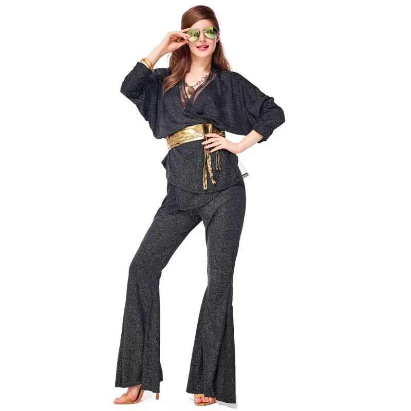 Halloween Retro 70s 80s Hippie Disco Dazzler Costume for Adult Women Wrap Top Bell Bottom Set Glitter Black Costumes