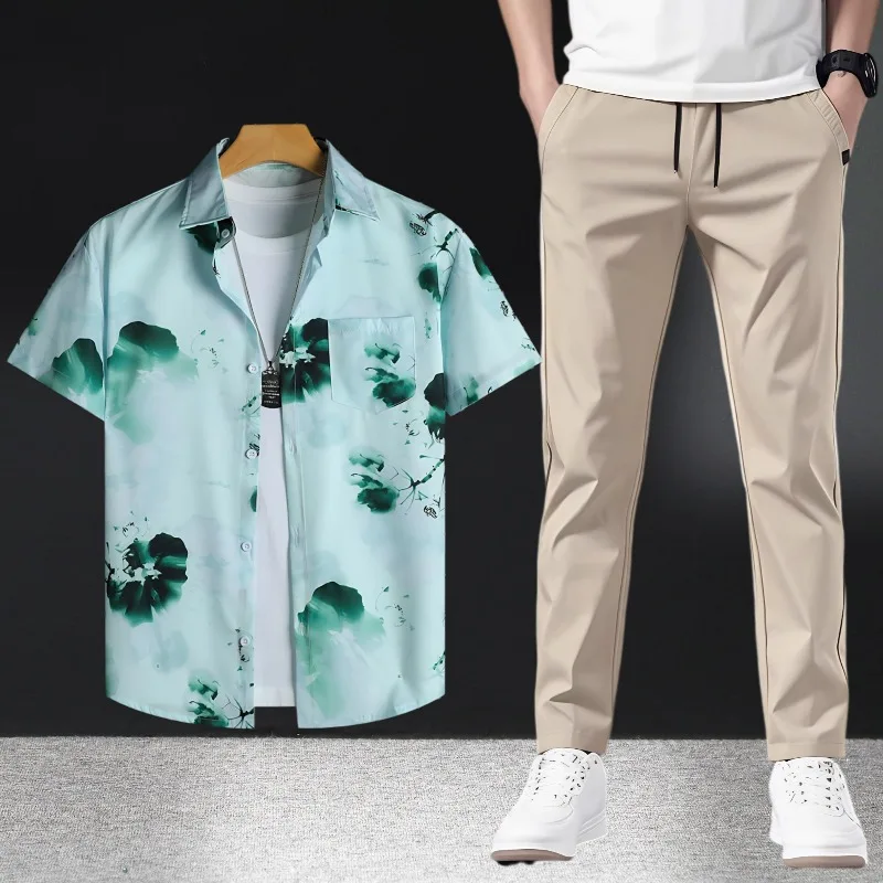 إنجلترا نمط رجل الصيف عارضة الزي قصيرة الأكمام طباعة القمصان والسراويل قطعتين مجموعة رقيقة النسيج خفيفة الوزن تنفس