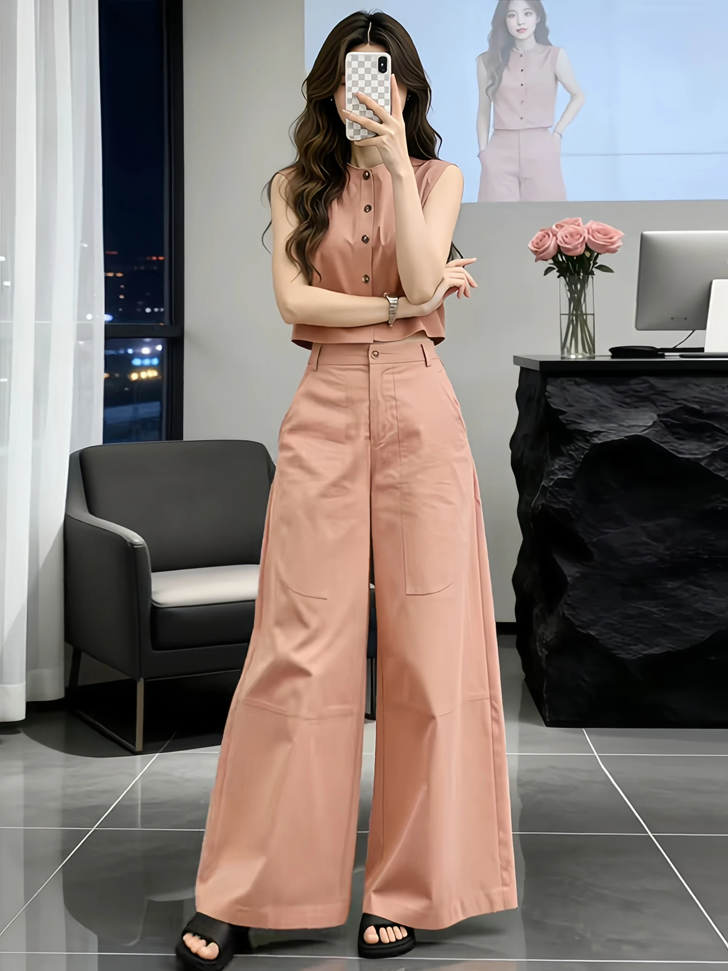 

Elegant Casual Women's Two-Piece Set High Waist Wide Leg Pants Sleeveless Vest Pink Summer New Arrival Comfortable Fashion