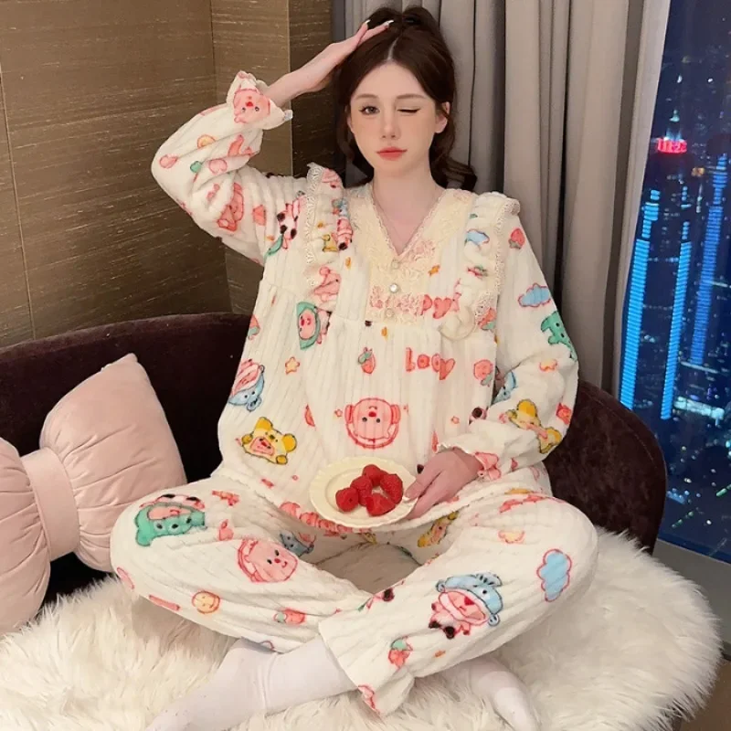 5XL Sweet Cartoon Flannel Pajamas Women Plus Size Winter Thickened Warm Loungewear Long Sleeve Trouser Suit Loose Outside Wear