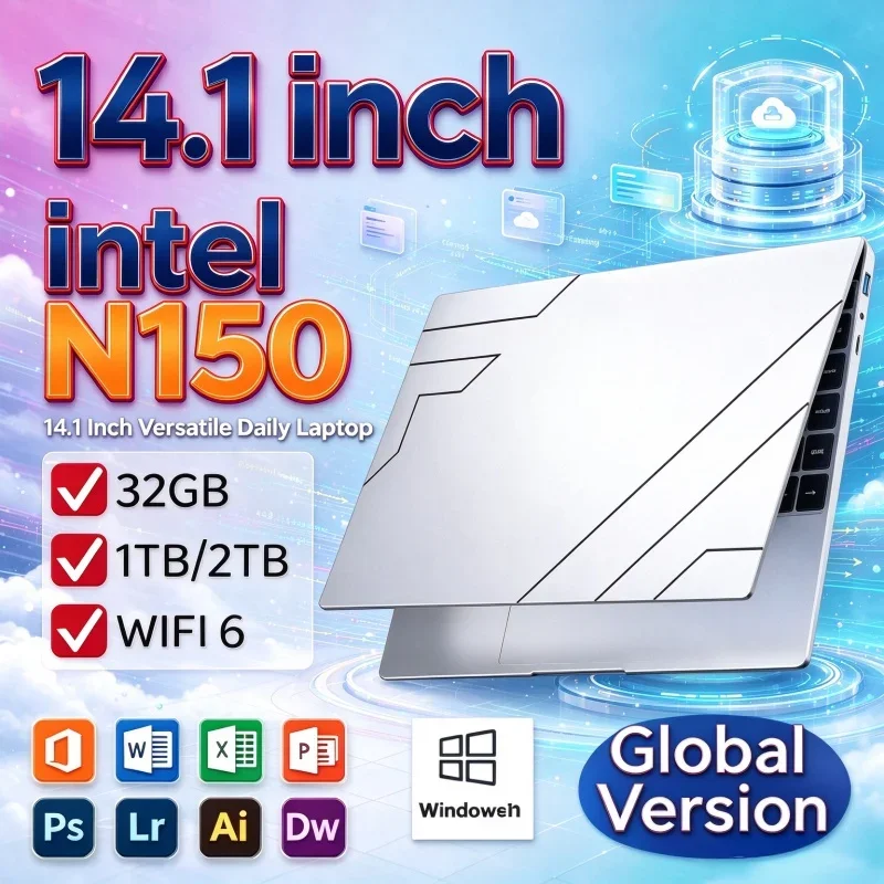 2026 Intel N150 Sleek 14.1 Inch Laptop 32GB RAM 2TB SSD Gaming Notebook 1920x1080 Office High Performance