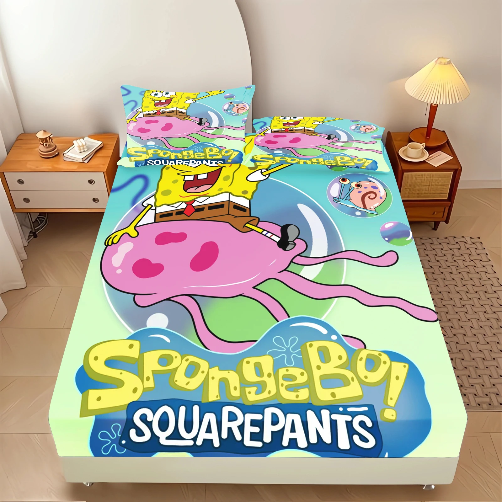 SpongeBob SquarePants Fitted Sheet Set Cartoon Patrick Print Bed Sheet Pillowcase Soft Microfiber Kids Bedroom Bedding view 5