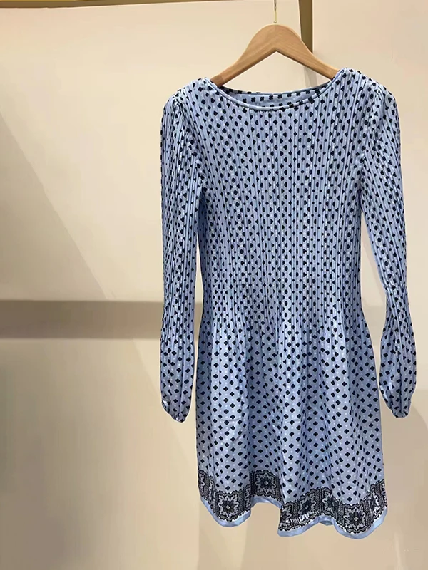 

Elegant Polka Dot Print round Neck Lantern Sleeve Dress Hem Print City Commute Travel Suitable Loose Fit H Version Long Sleeve