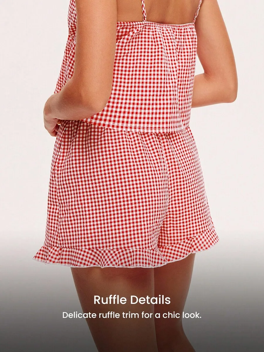 Women Red Plaid Cotton V-Neck Camisole And Shorts Pajama Set With Ruffle Trim