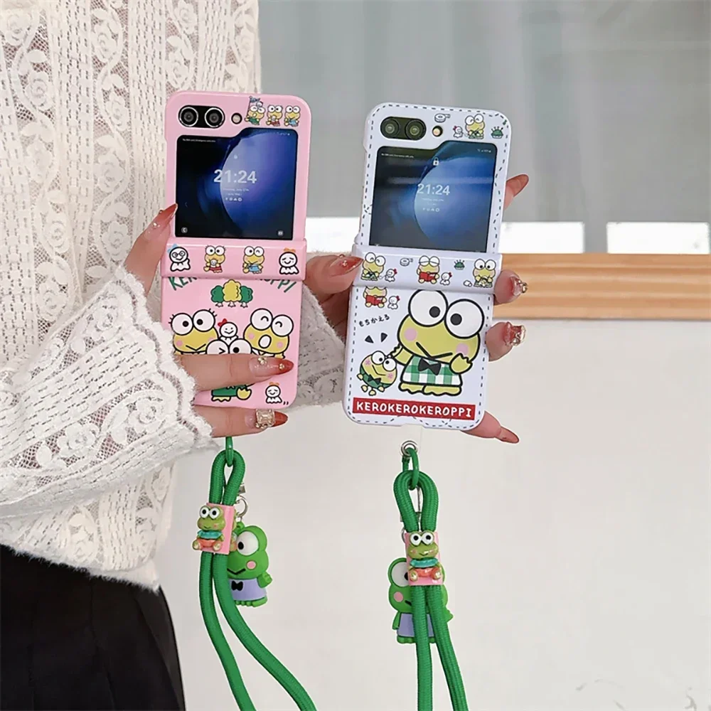 

Cartoon Sanrios KeroKero Keroppi Lanyard Phone Case for Samsung Galaxy Z Flip 3 4 5 6 5G PC Hard Anti-drop Candy Shell Fundas