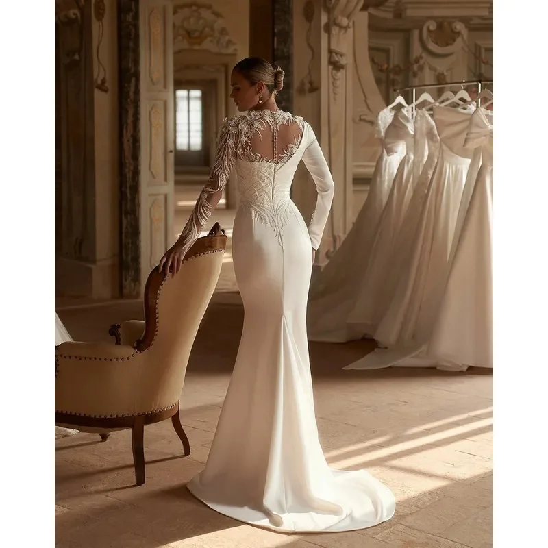 2025 Abiti da sposa a sirena di lusso a maniche lunghe Illusion Brides Abito da sposa Paillettes Fiore 3D Abito da sposa da donna Customizd