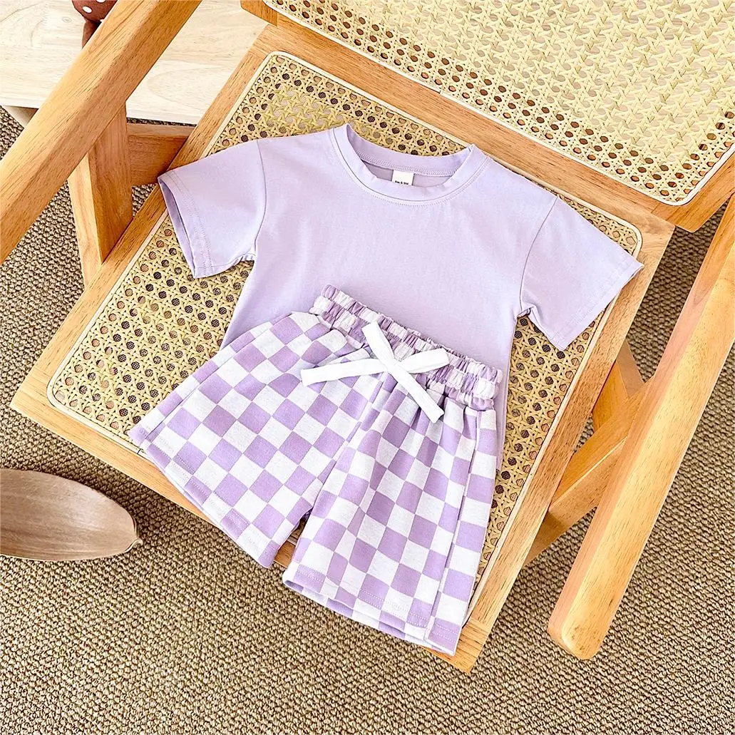 2PCS Kids Clothes Baby Boys Girls Solid Color Short Sleeve T-shirt Plaid Pattern Shorts Sets Baby Clothing Sets 0-3Y