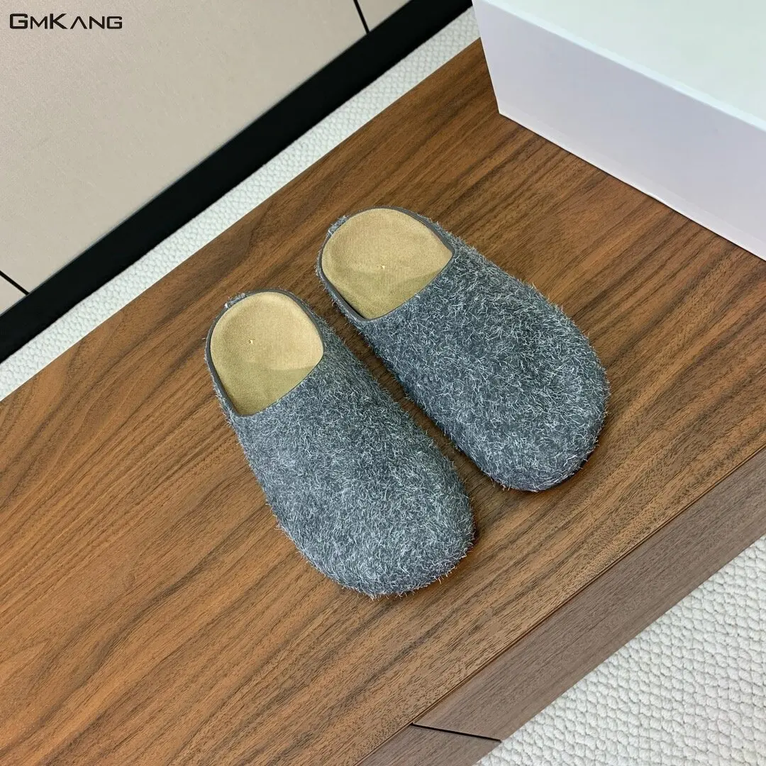 Women's Furry Flat Mules, Warm Closed Toe Slip-On Slippers, Casual Comfort Winter House Shoes