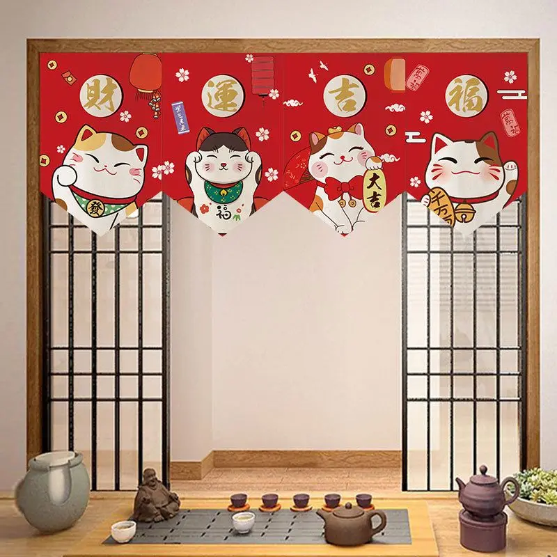 VIKAMA Lucky Cat Triangle Flag Door Curtain, Japanese Noren Half Curtain, Privacy Room Divider For Kitchen, Aesthetic Home Decor